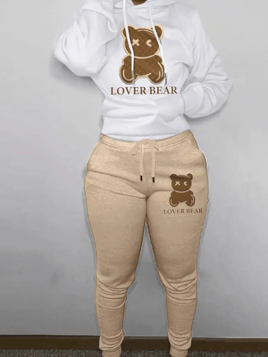 LW Lovely Bear Letter Print Kangaroo Pocket Tracksuit Set Long Sleeve