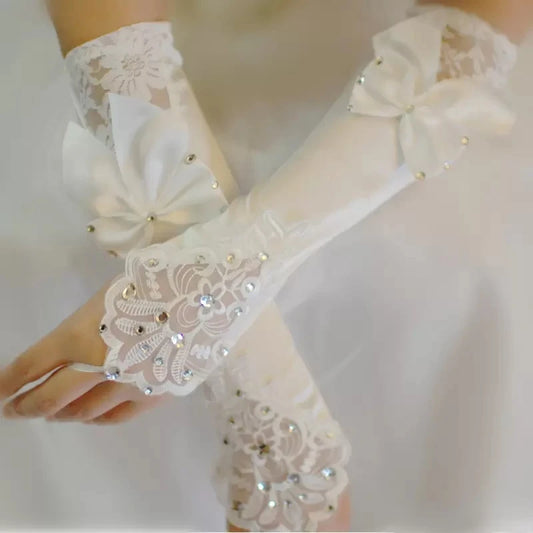 Ivory Satin Bridal Gloves Beads Lace Cheap Fingerless Long Ladies Dress Glove Bow Fast Shipping Wedding Accessories bride gloves