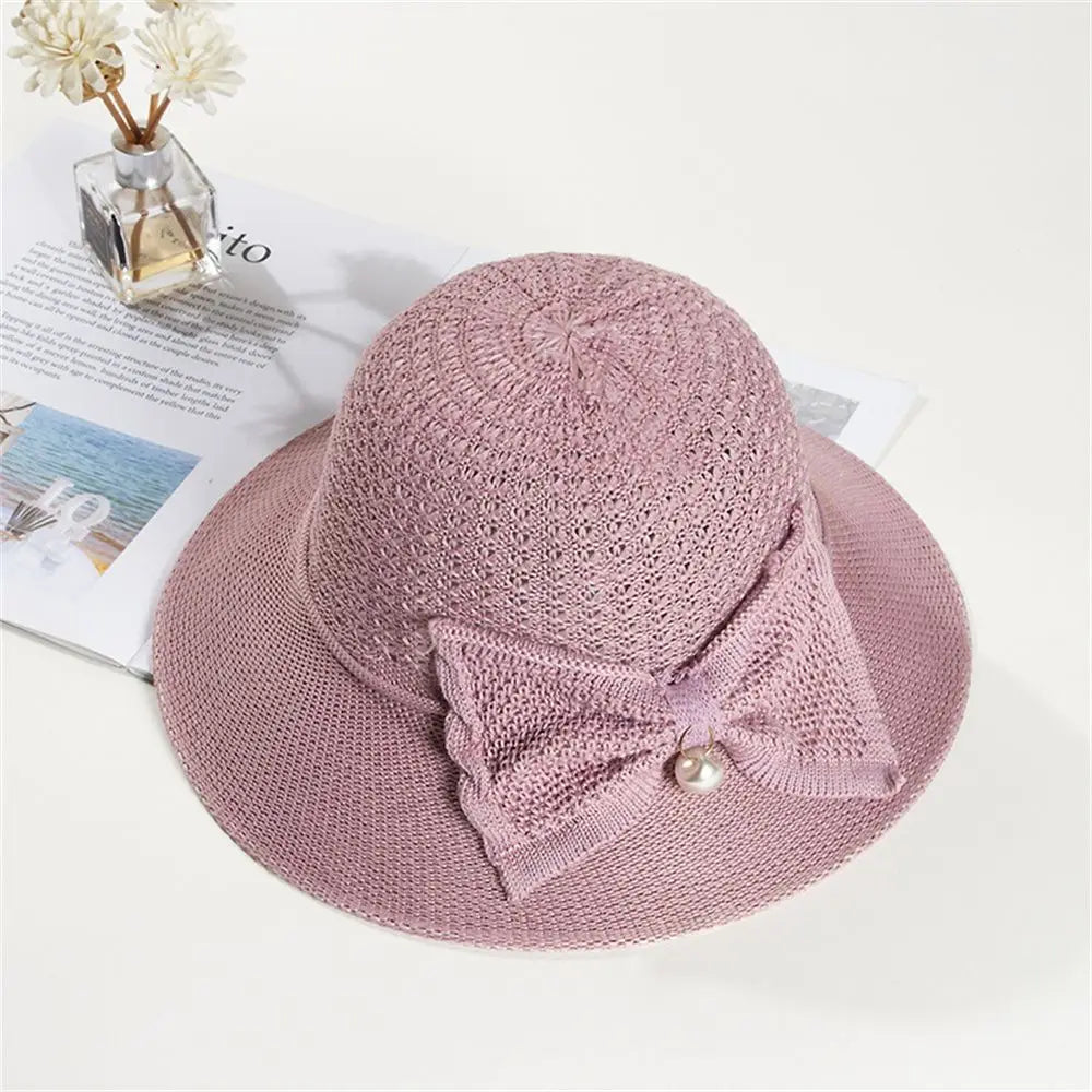 Summer Shade Breathable Sun Hat Women Beach Sunscreen Cap Foldable Bow Brim Cap Straw Hat