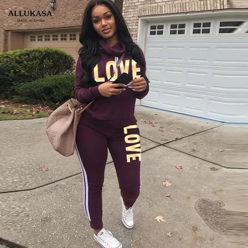 2 Piece Set Women Outfit LOVE Letter Print High Neck Hoodies Sweatshirt Pants