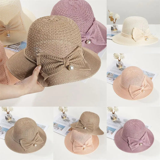 Summer Shade Breathable Sun Hat Women Beach Sunscreen Cap Foldable Bow Brim Cap Straw Hat