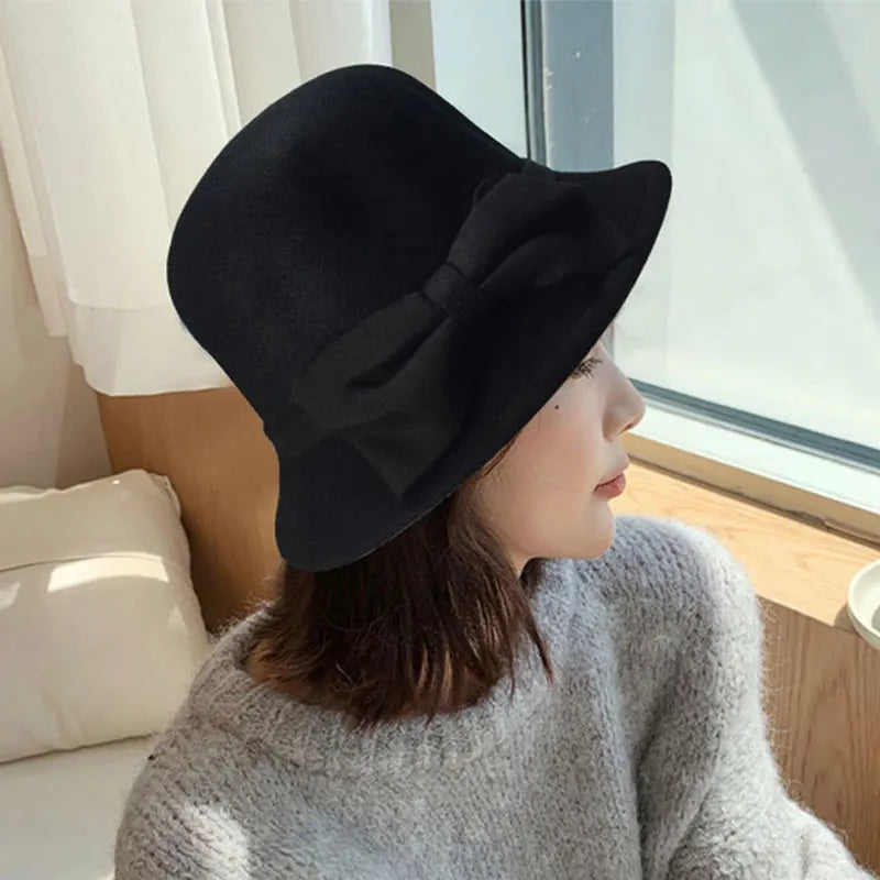 Elegant Bowknot Wool Ladies Hat Autumn Winter Fedoras Women Panama Hat