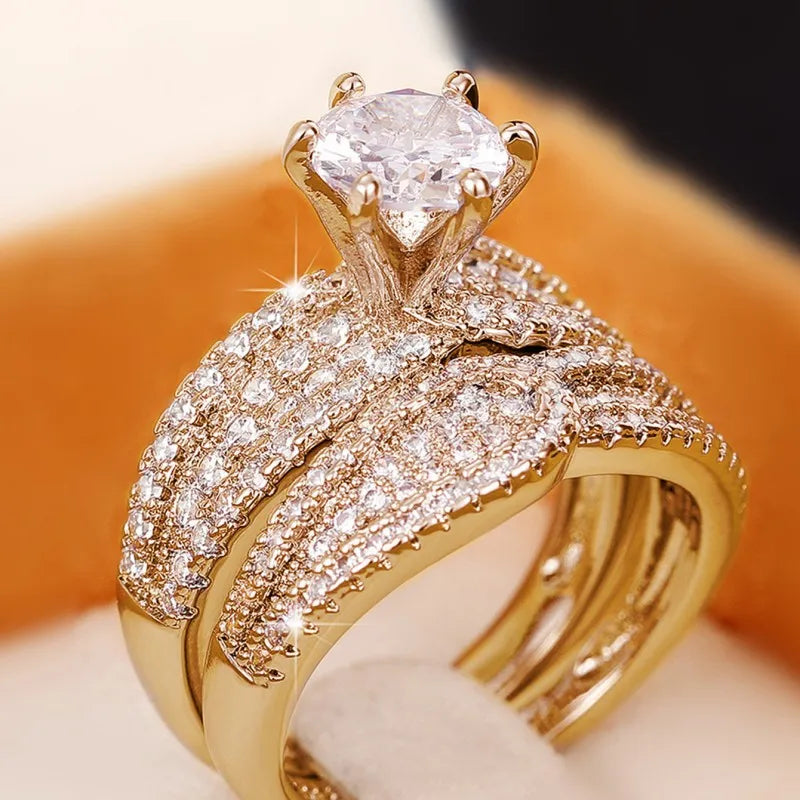 Huitan Bridal Sets Rings with Sparkling Cubic Zircon Luxury Trendy Wedding Engagement 2Pcs