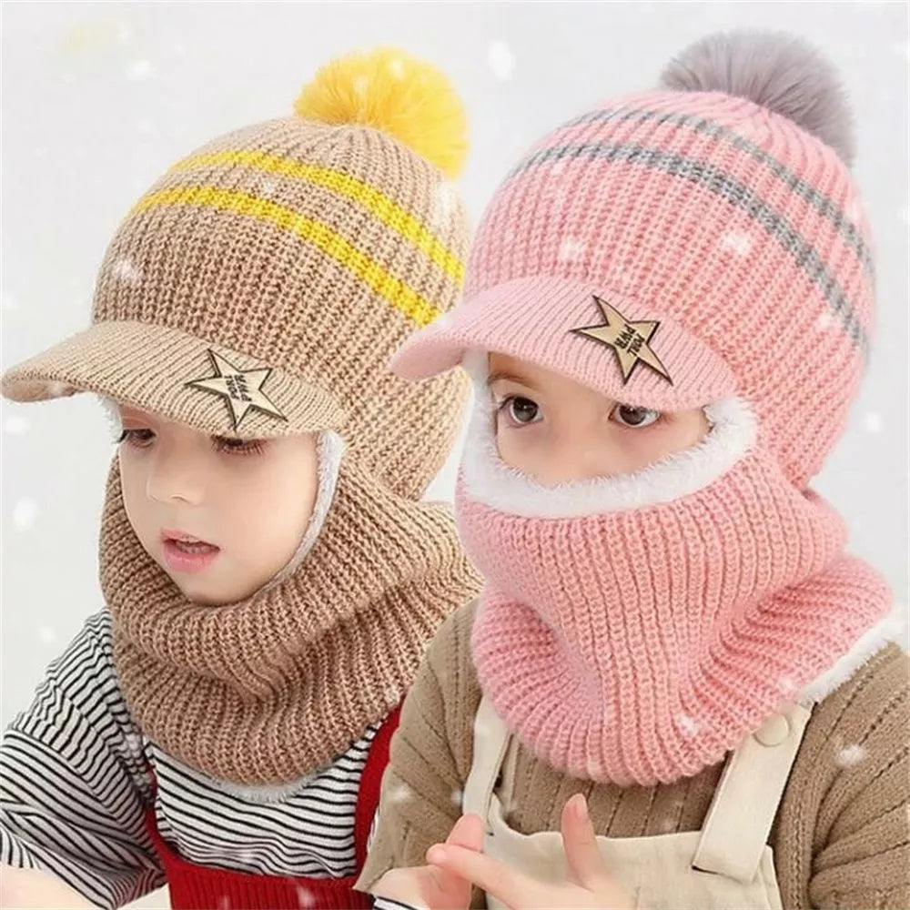 Winter Cap for Outdoor, Girls and Boys Face Cover Hairball Bib Mask