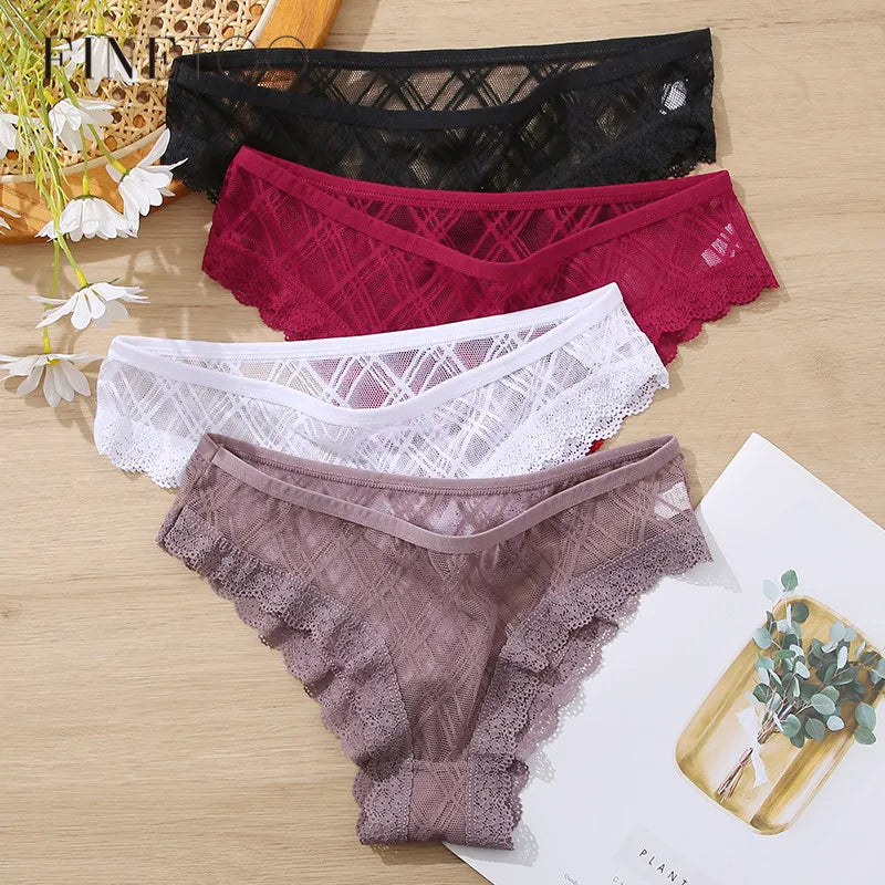 FINETOO 3Pcs/set Lace Panties Sexy Low-rise Fashion Lattice Transparent Underpants M-2XL