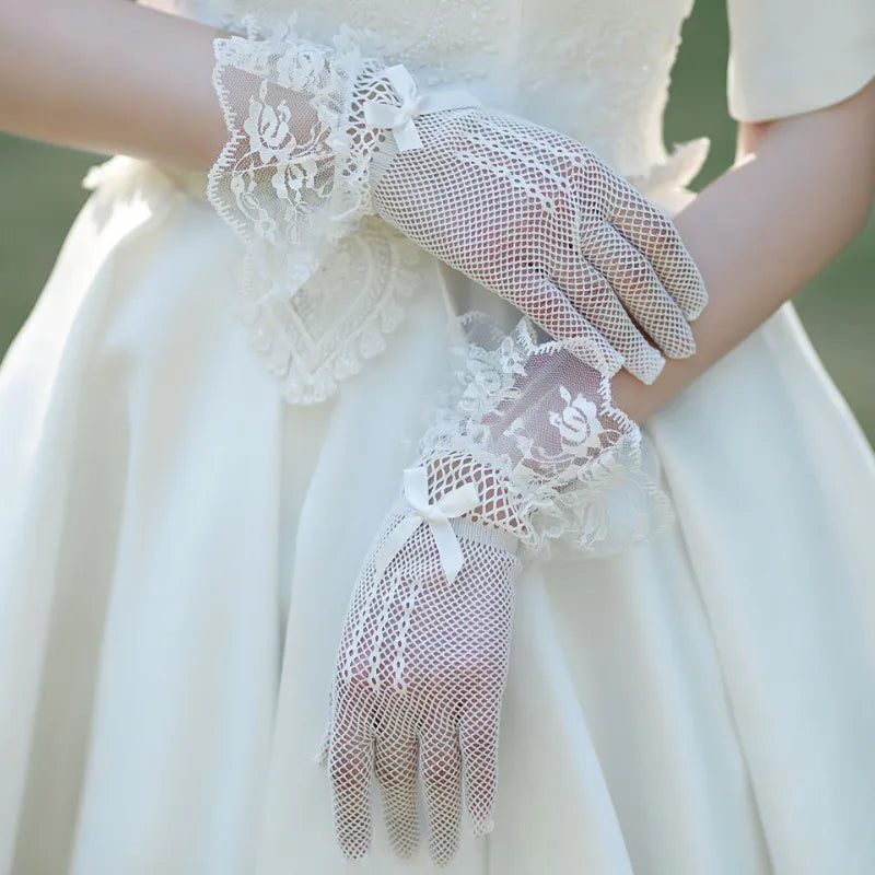 Women's Wedding Lace Gloves Elegant Bowknot Short Glove Summer Black and White Mesh Lace