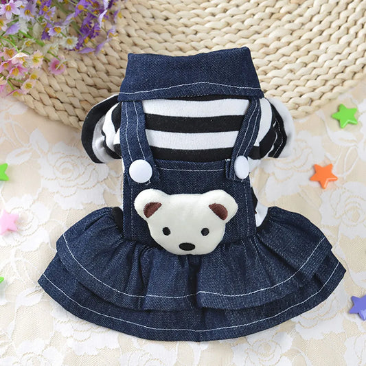 Spring Summer Pet Dog Clothes Striped Bear Cute Cat Dog Strap Denim Skirt