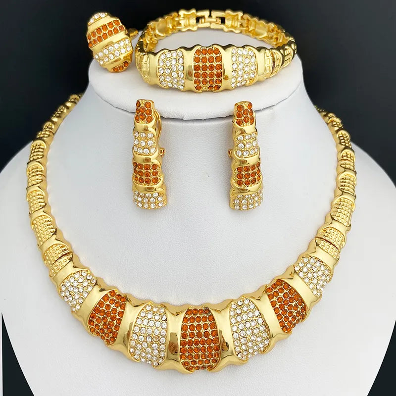 Latest Dubai Gold Color Jewelry Sets Luxury 18K Gold Plated Women Necklaces Earrings