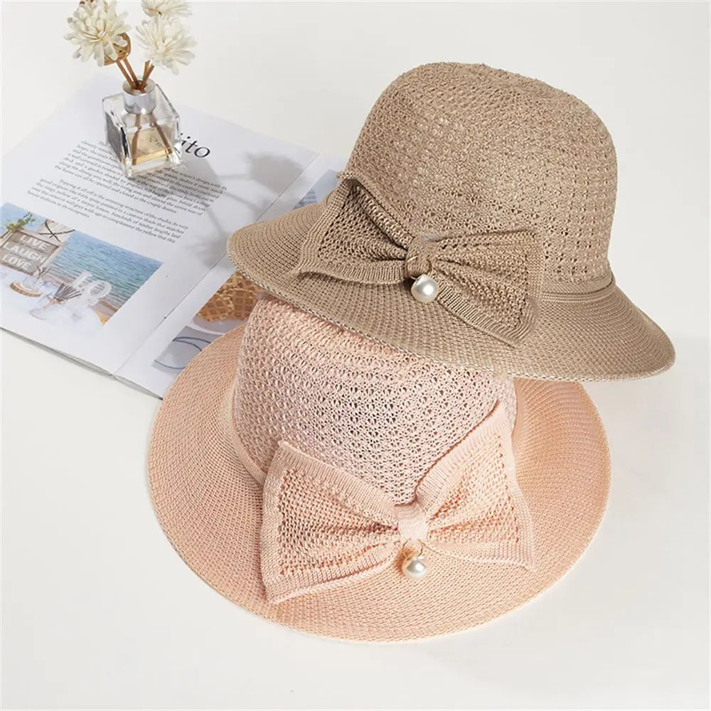 Summer Shade Breathable Sun Hat Women Beach Sunscreen Cap Foldable Bow Brim Cap Straw Hat