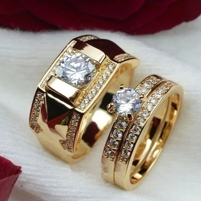 1pcs Luxury Women Ring Metal Carving Gold Color Inlaid Zircon Stones Couple Ring Engagement