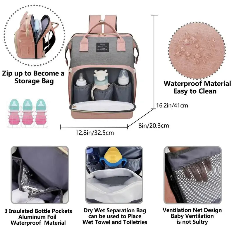 Mommy Baby Diaper Bag Backpack Changing Pad Shade Mosquito Net Wet and Dry Carryin