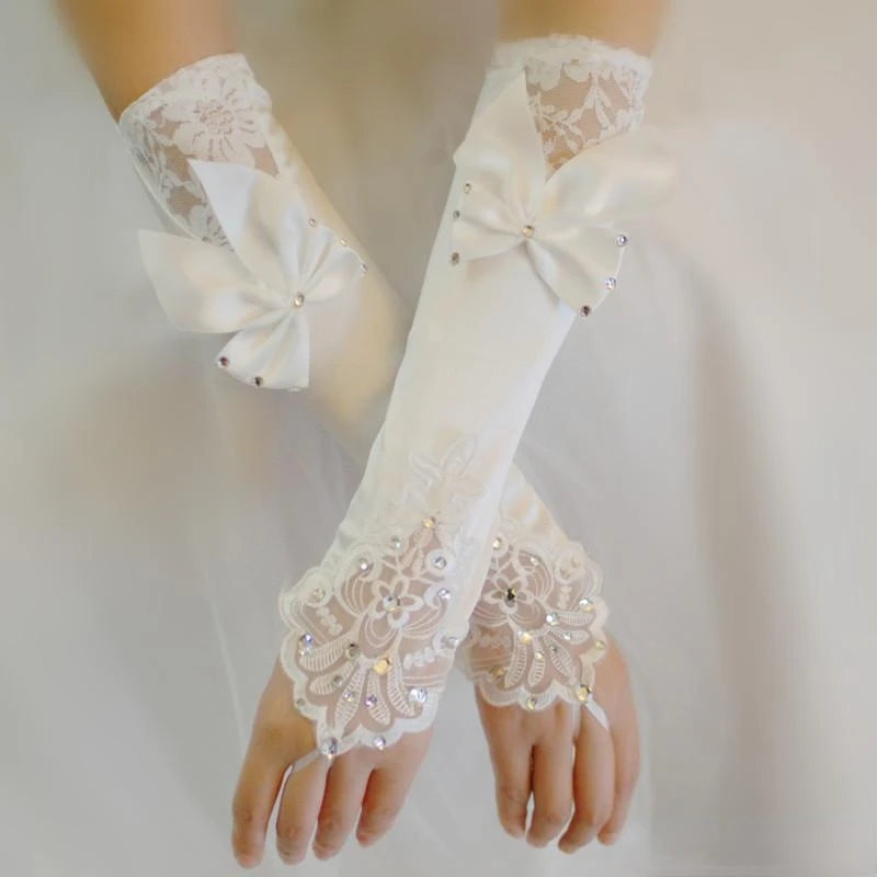 Ivory Satin Bridal Gloves Beads Lace Cheap Fingerless Long Ladies Dress Glove Bow Fast Shipping Wedding Accessories bride gloves