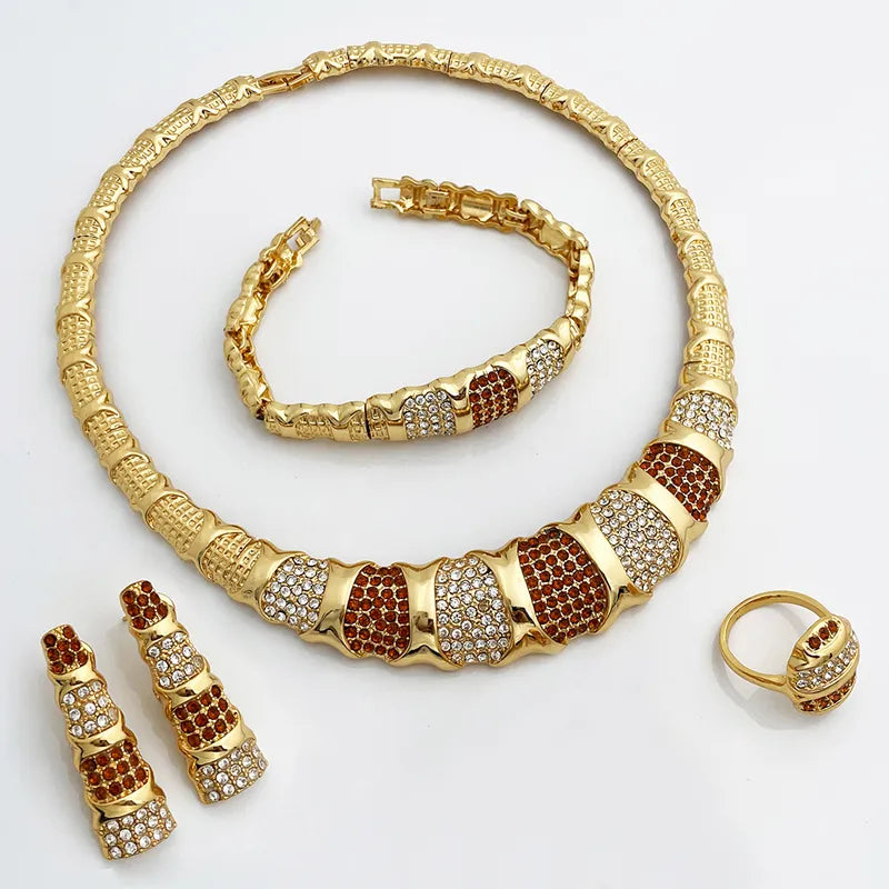 Latest Dubai Gold Color Jewelry Sets Luxury 18K Gold Plated Women Necklaces Earrings