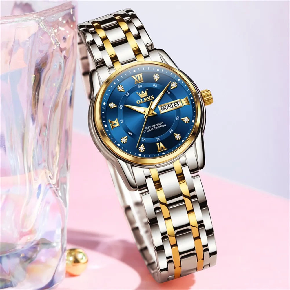 Original OLEVS Brand Luxury Watch for Women Gold Stainless Steel Diamond