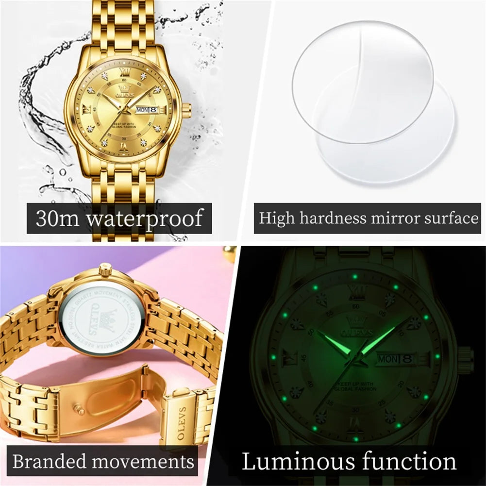 Original OLEVS Brand Luxury Watch for Women Gold Stainless Steel Diamond