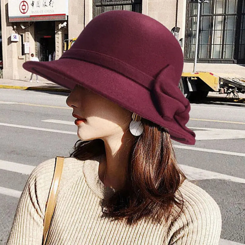 Elegant Bowknot Wool Ladies Hat Autumn Winter Fedoras Women Panama Hat