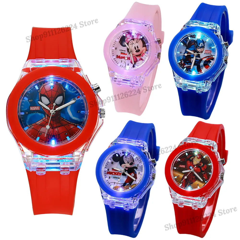 Disney Mickey Mouse Girls Watches Children Silicone Strap Colorful Light Spiderman