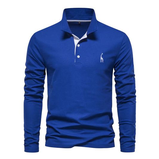 AIOPESON Deer Embroidery Men's Polo Shirts Solid Color Long Sleeve