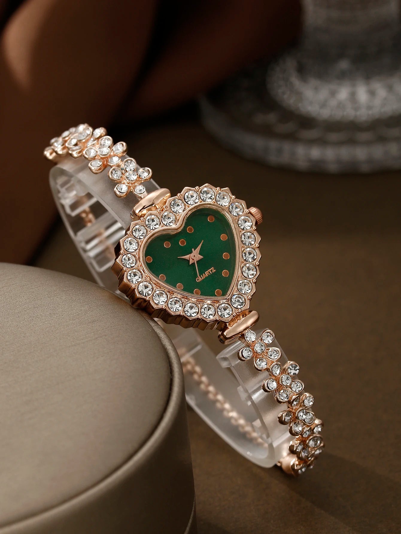 Women's Heart Luxury Full Diamond Bracelet Watch+Jewelry Set