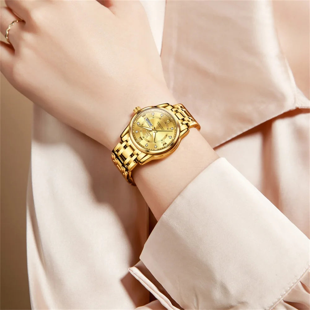 Original OLEVS Brand Luxury Watch for Women Gold Stainless Steel Diamond