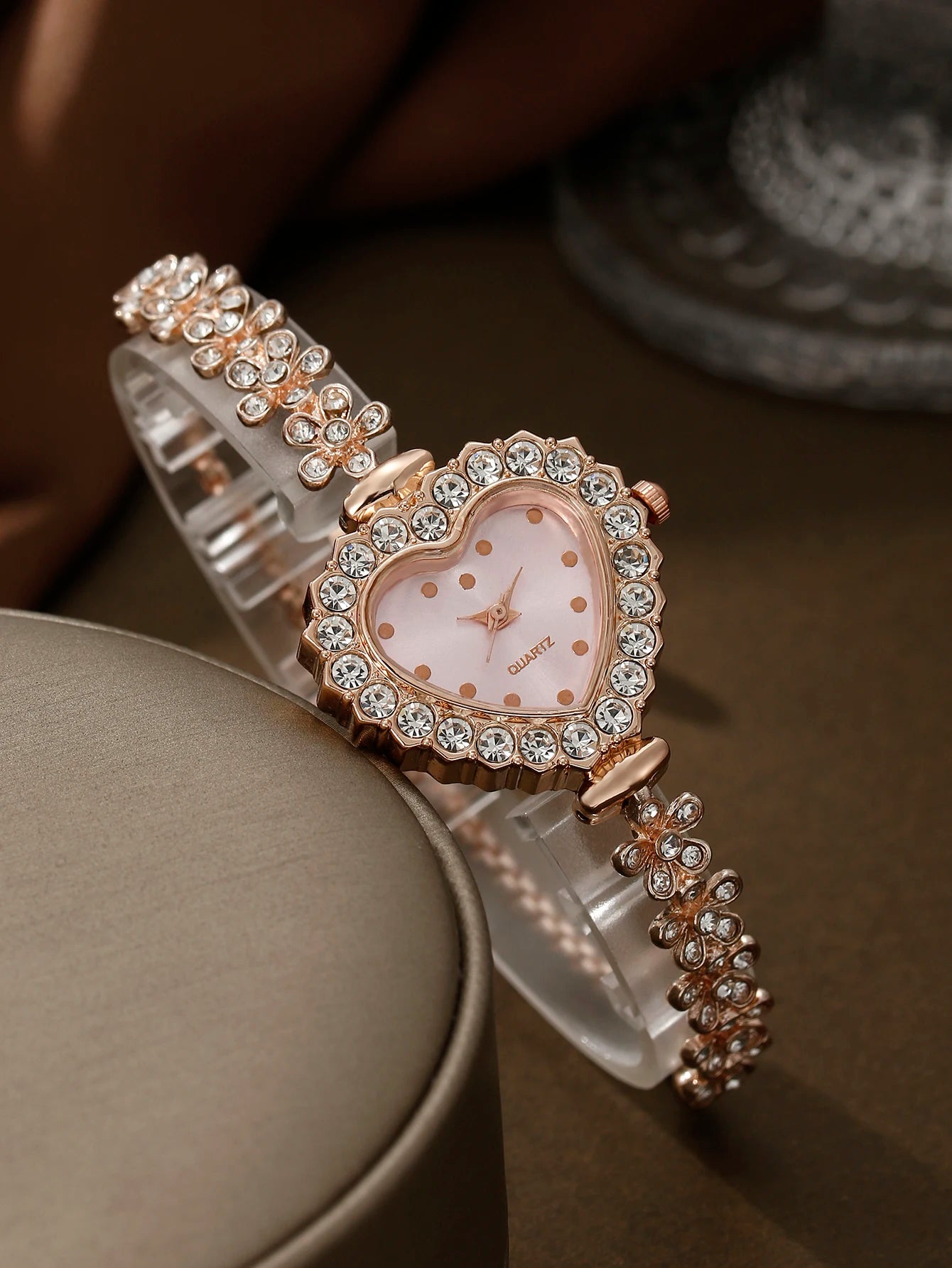 Women's Heart Luxury Full Diamond Bracelet Watch+Jewelry Set