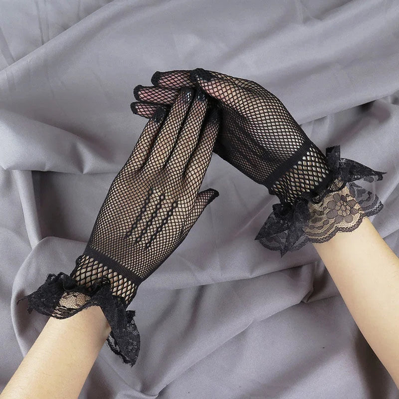 Women's Wedding Lace Gloves Elegant Bowknot Short Glove Summer Black and White Mesh Lace