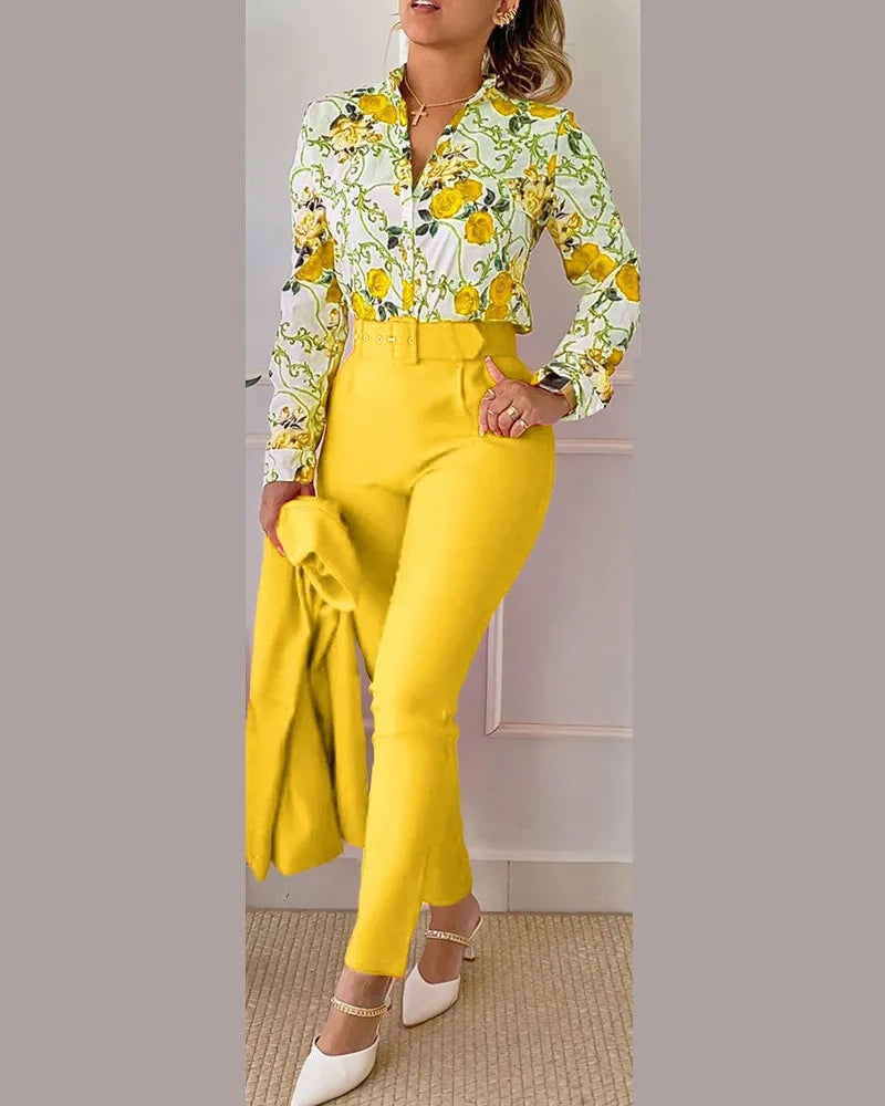 Casual Long Sleeve Shirt Pants Set Office Lady Fashion 2023