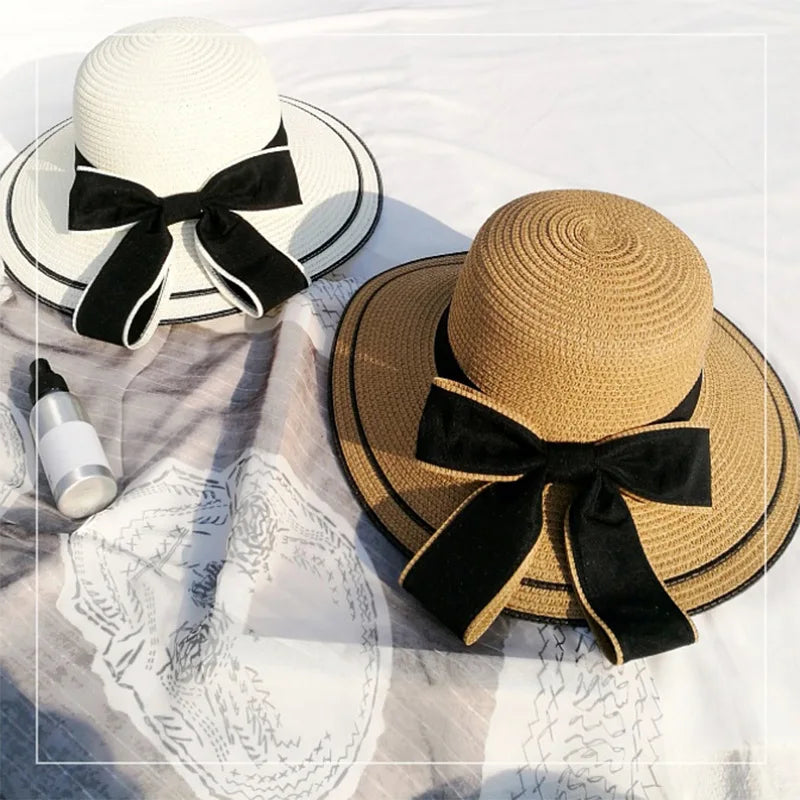 Panama Women's Beach Straw Hat With Large Brim, Sun Shading, And Fashionable Outdoor Bow Summer Cap H65