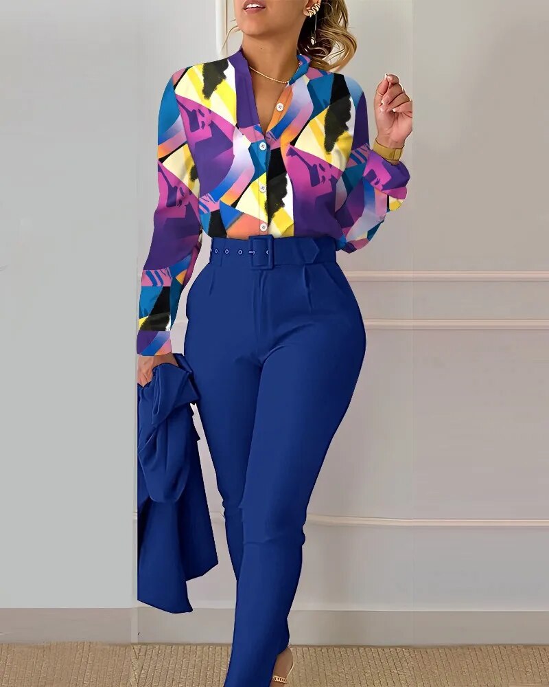 Casual Long Sleeve Shirt Pants Set Office Lady Fashion 2023