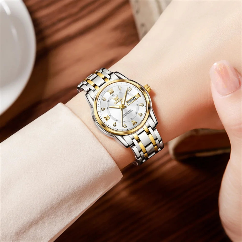 Original OLEVS Brand Luxury Watch for Women Gold Stainless Steel Diamond