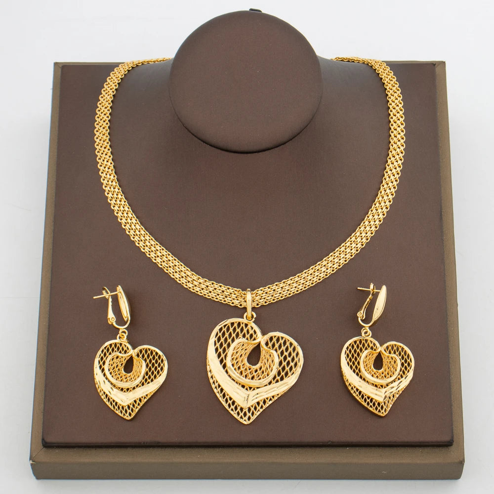 Gold Plated Jewelry Set for Women Bohemia Flower Design Earrings and Pendant Necklace