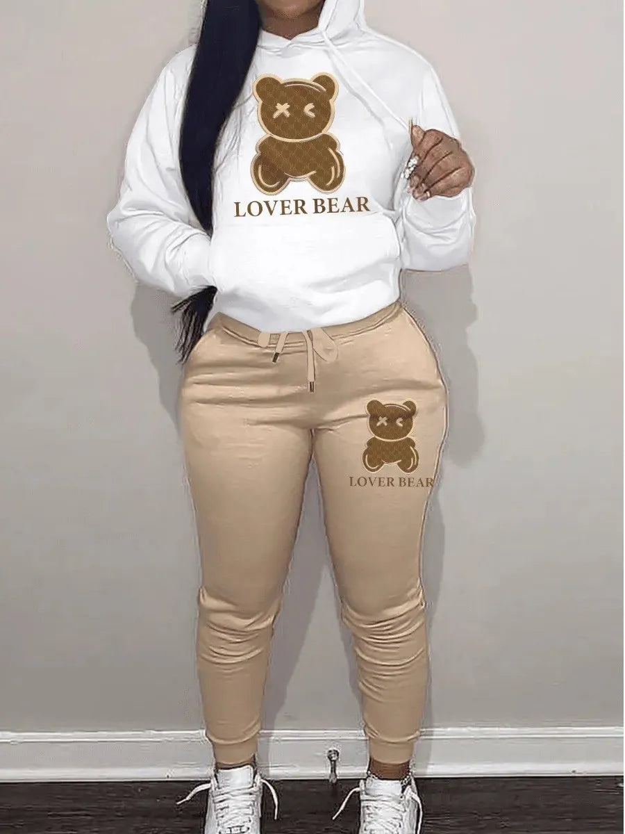 LW Lovely Bear Letter Print Kangaroo Pocket Tracksuit Set Long Sleeve