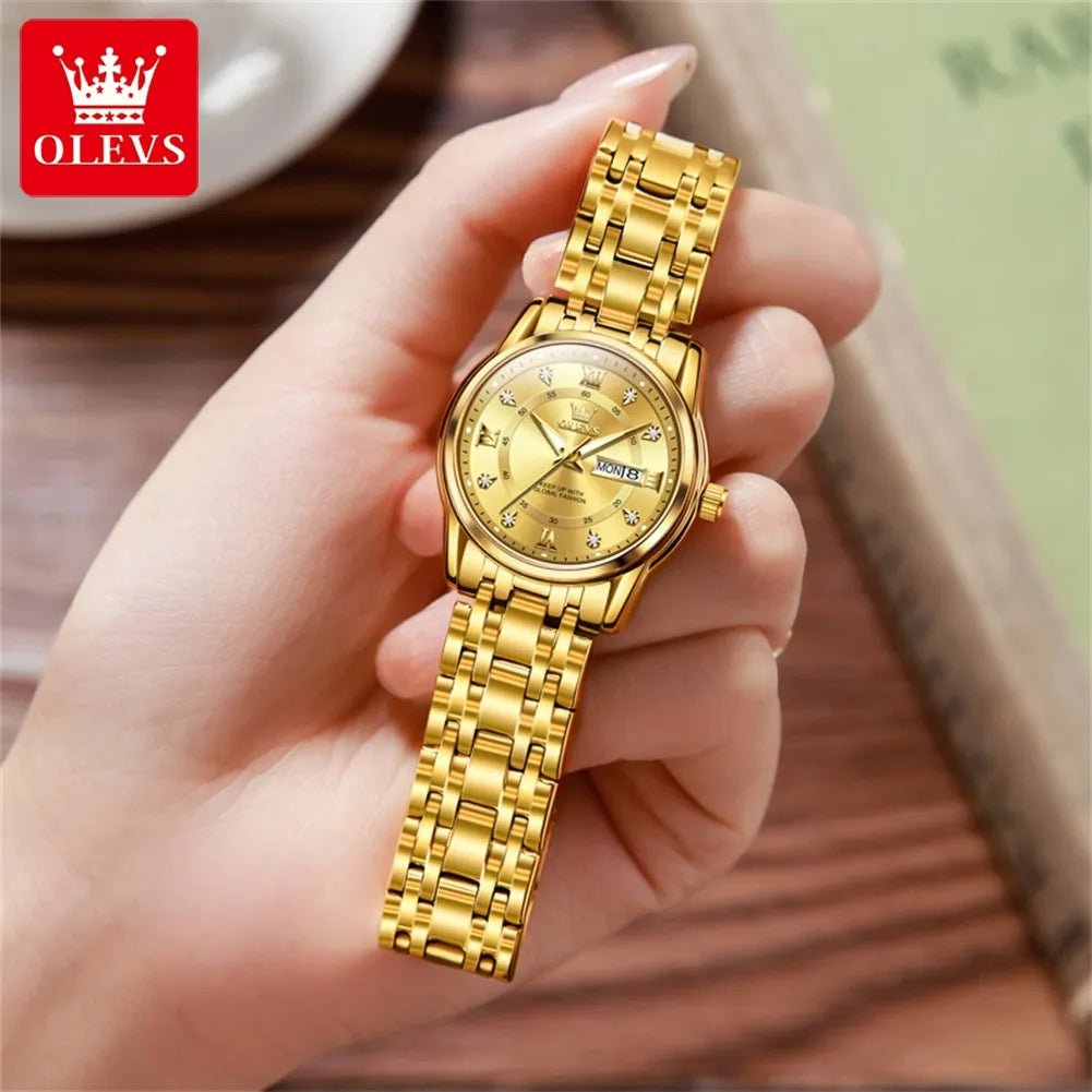 Original OLEVS Brand Luxury Watch for Women Gold Stainless Steel Diamond