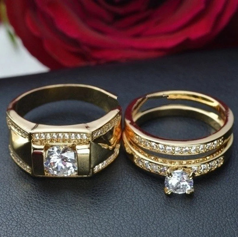 1pcs Luxury Women Ring Metal Carving Gold Color Inlaid Zircon Stones Couple Ring Engagement