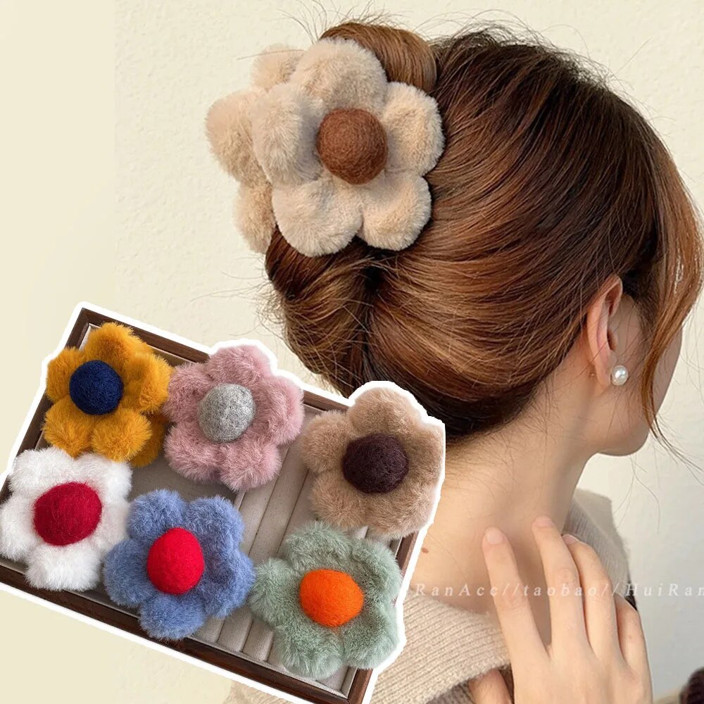 Winter Flower Hair Claw Plush Fluffy Big Shark Clip