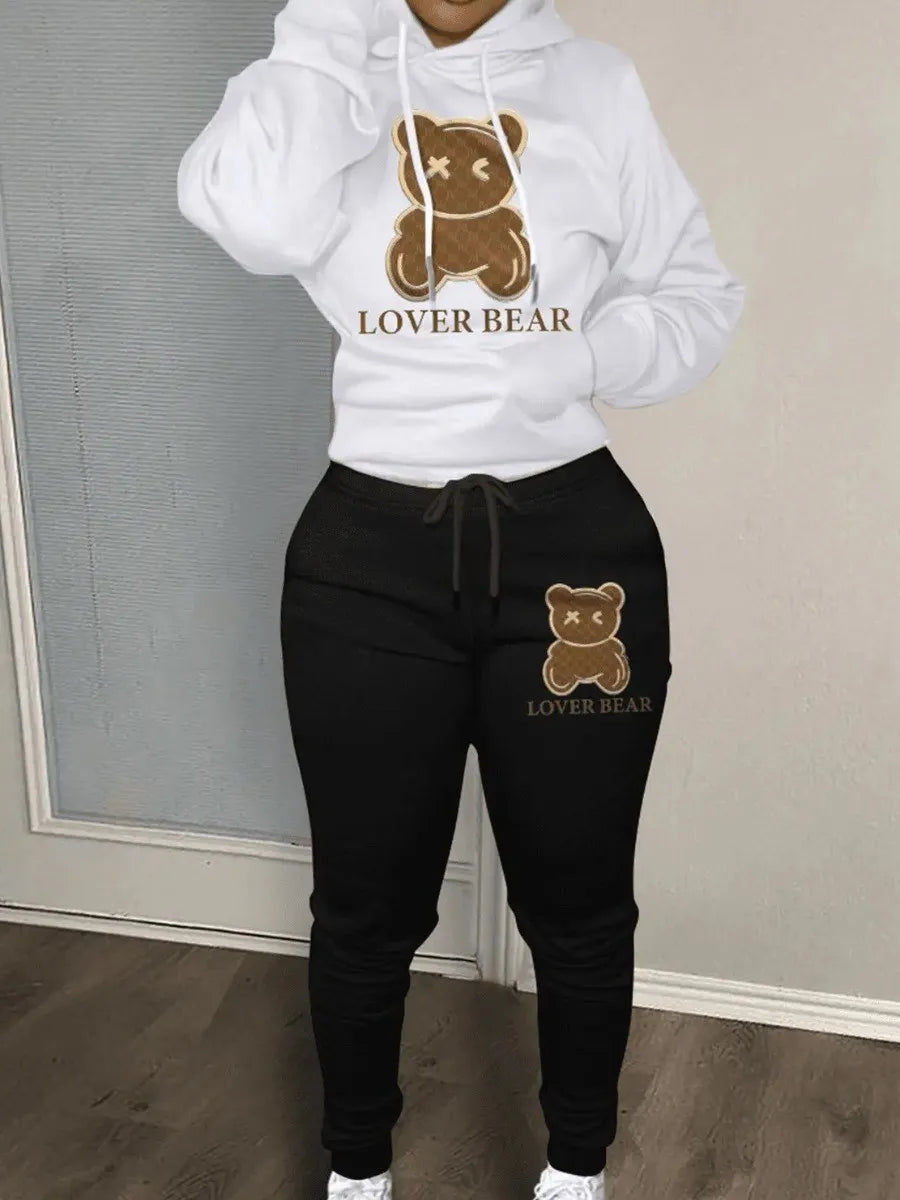 LW Lovely Bear Letter Print Kangaroo Pocket Tracksuit Set Long Sleeve