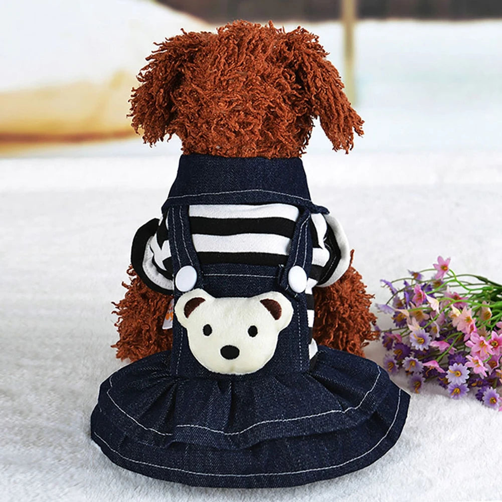 Spring Summer Pet Dog Clothes Striped Bear Cute Cat Dog Strap Denim Skirt