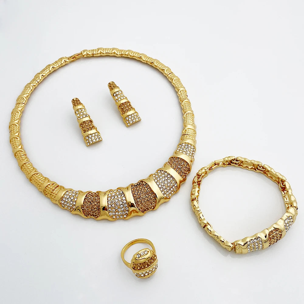 Latest Dubai Gold Color Jewelry Sets Luxury 18K Gold Plated Women Necklaces Earrings