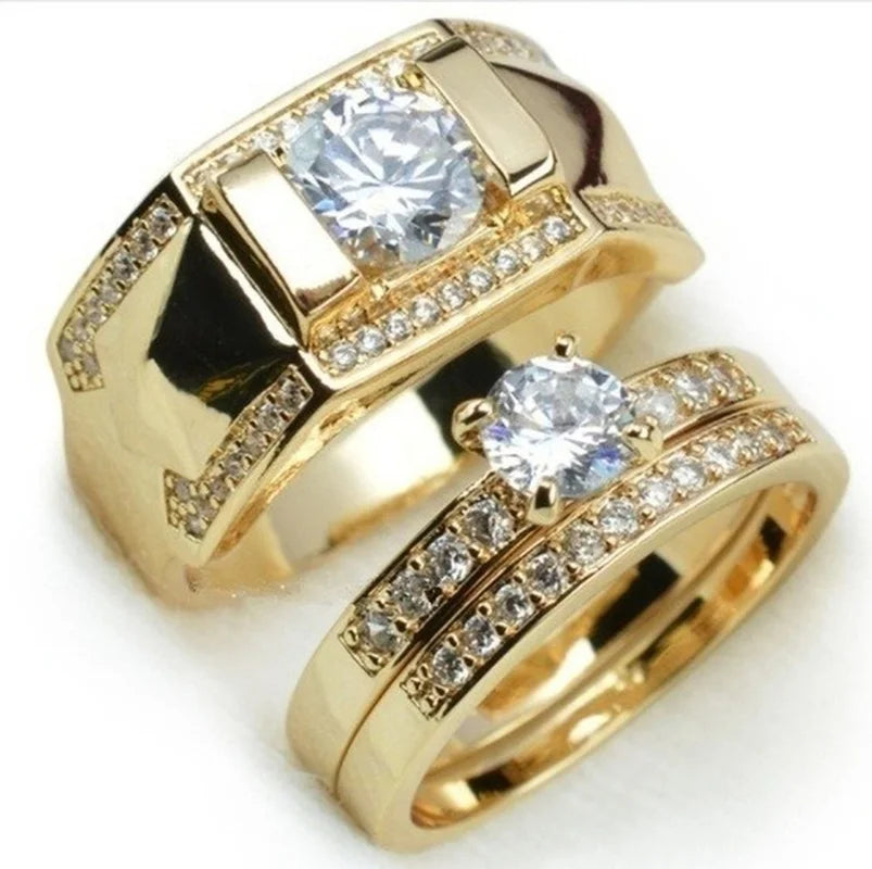 1pcs Luxury Women Ring Metal Carving Gold Color Inlaid Zircon Stones Couple Ring Engagement