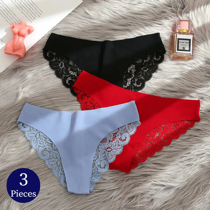 TrowBridge 3PCS Women's Panties Set Sweet Lace Underwear Soft Silk Satin Lingerie