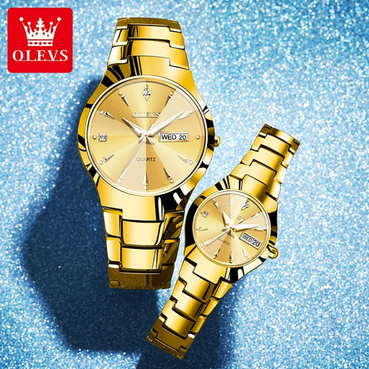 OLEVS Original Gold Couple Watch Elegant Rhombus Mirror Luxury