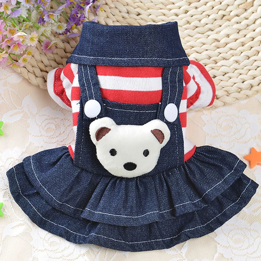 Spring Summer Pet Dog Clothes Striped Bear Cute Cat Dog Strap Denim Skirt