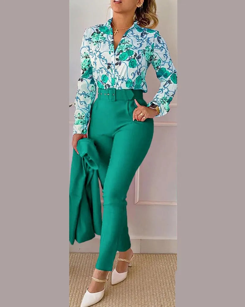 Casual Long Sleeve Shirt Pants Set Office Lady Fashion 2023