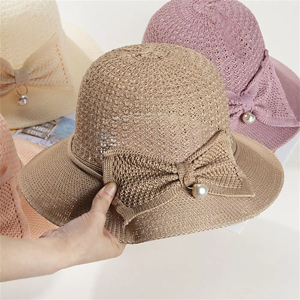 Summer Shade Breathable Sun Hat Women Beach Sunscreen Cap Foldable Bow Brim Cap Straw Hat