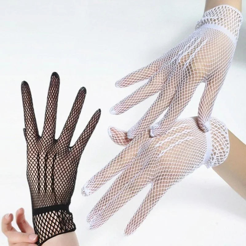 Women's Wedding Lace Gloves Elegant Bowknot Short Glove Summer Black and White Mesh Lace