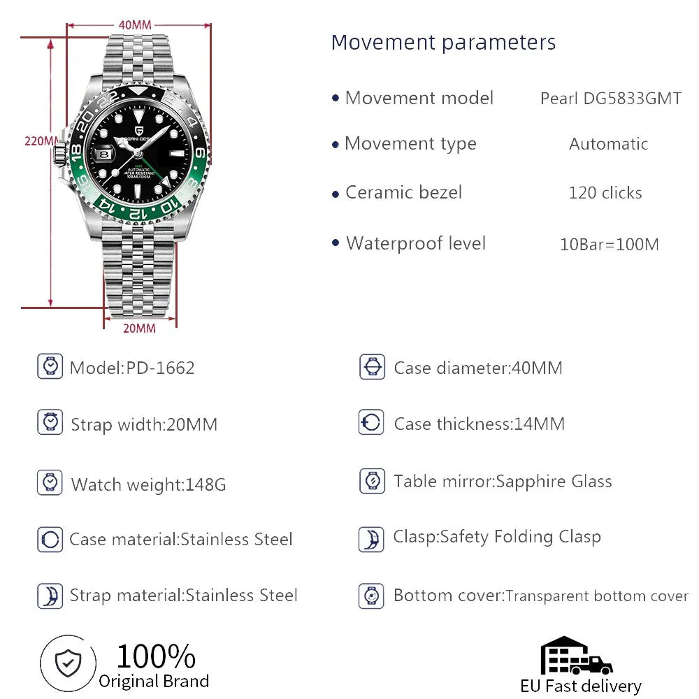 PAGANI DESIGN PD-1662 Luxury GMT Men Mechanical Wristwatch Sapphire Glass Stainless