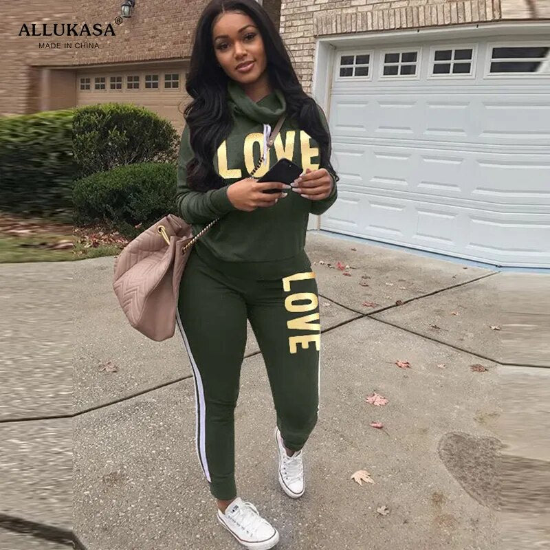 2 Piece Set Women Outfit LOVE Letter Print High Neck Hoodies Sweatshirt Pants