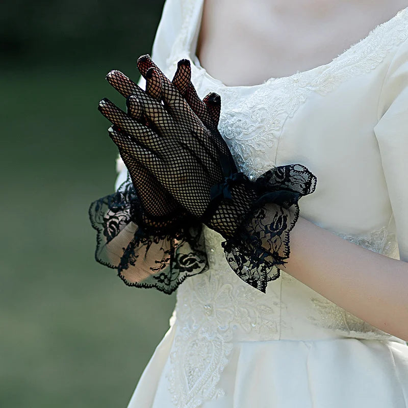 Women's Wedding Lace Gloves Elegant Bowknot Short Glove Summer Black and White Mesh Lace