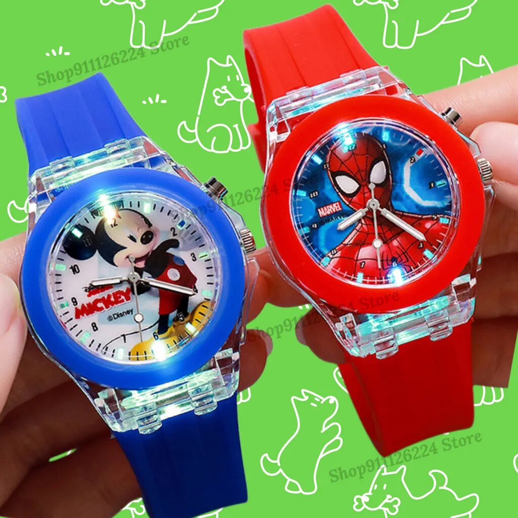 Disney Mickey Mouse Girls Watches Children Silicone Strap Colorful Light Spiderman