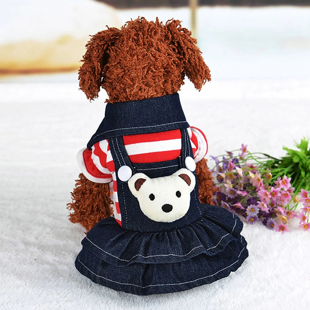 Spring Summer Pet Dog Clothes Striped Bear Cute Cat Dog Strap Denim Skirt